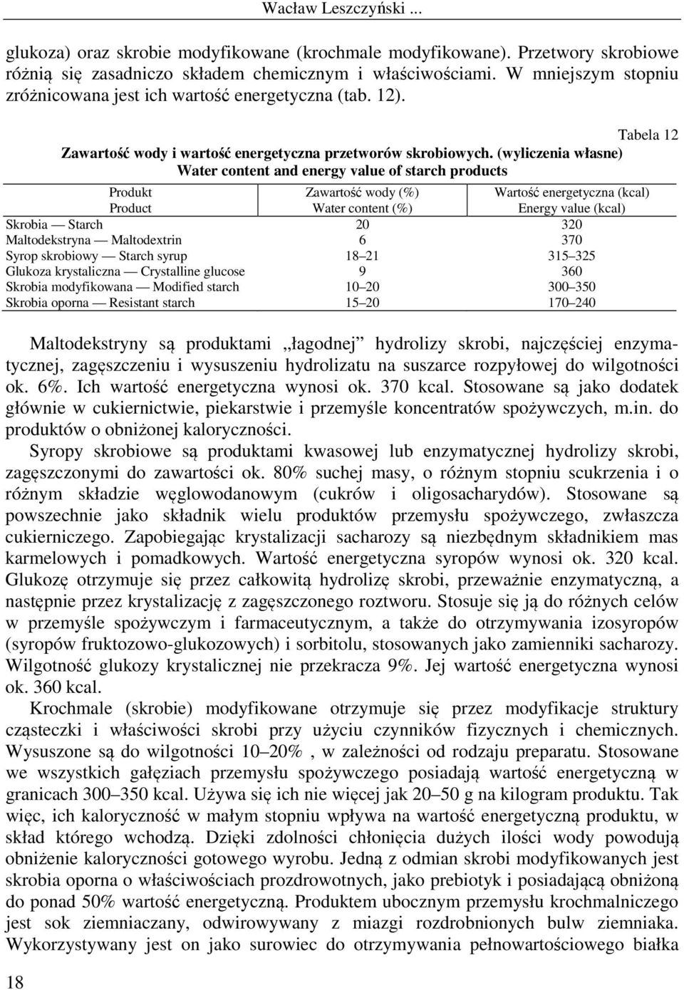 (wyliczenia własne) Water content and energy value of starch products Produkt Product Zawartość wody (%) Water content (%) Wartość energetyczna (kcal) Energy value (kcal) Skrobia Starch 20 320