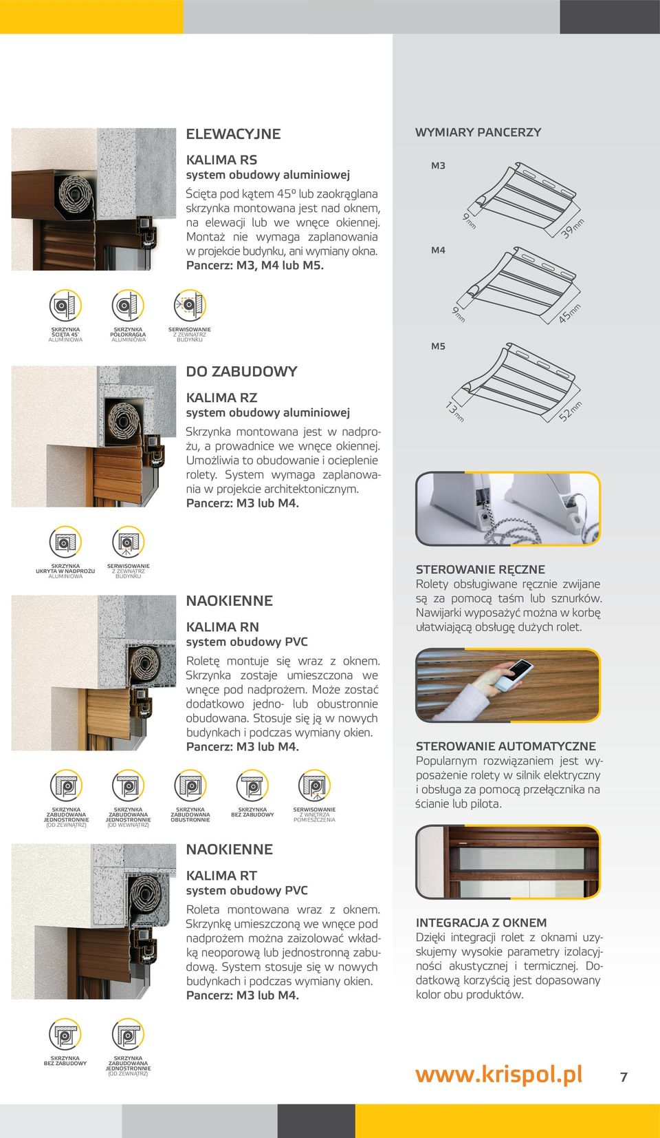 M4 ŚCIĘTA 45 PÓŁOKRĄGŁA SERWISOWANIE Z ZEWNĄTRZ ALUMINIOWA ALUMINIOWA BUDYNKU M5 DO ZABUDOWY KALIMA RZ system obudowy aluminiowej Skrzynka montowana jest w nadprożu, a prowadnice we wnęce okiennej.