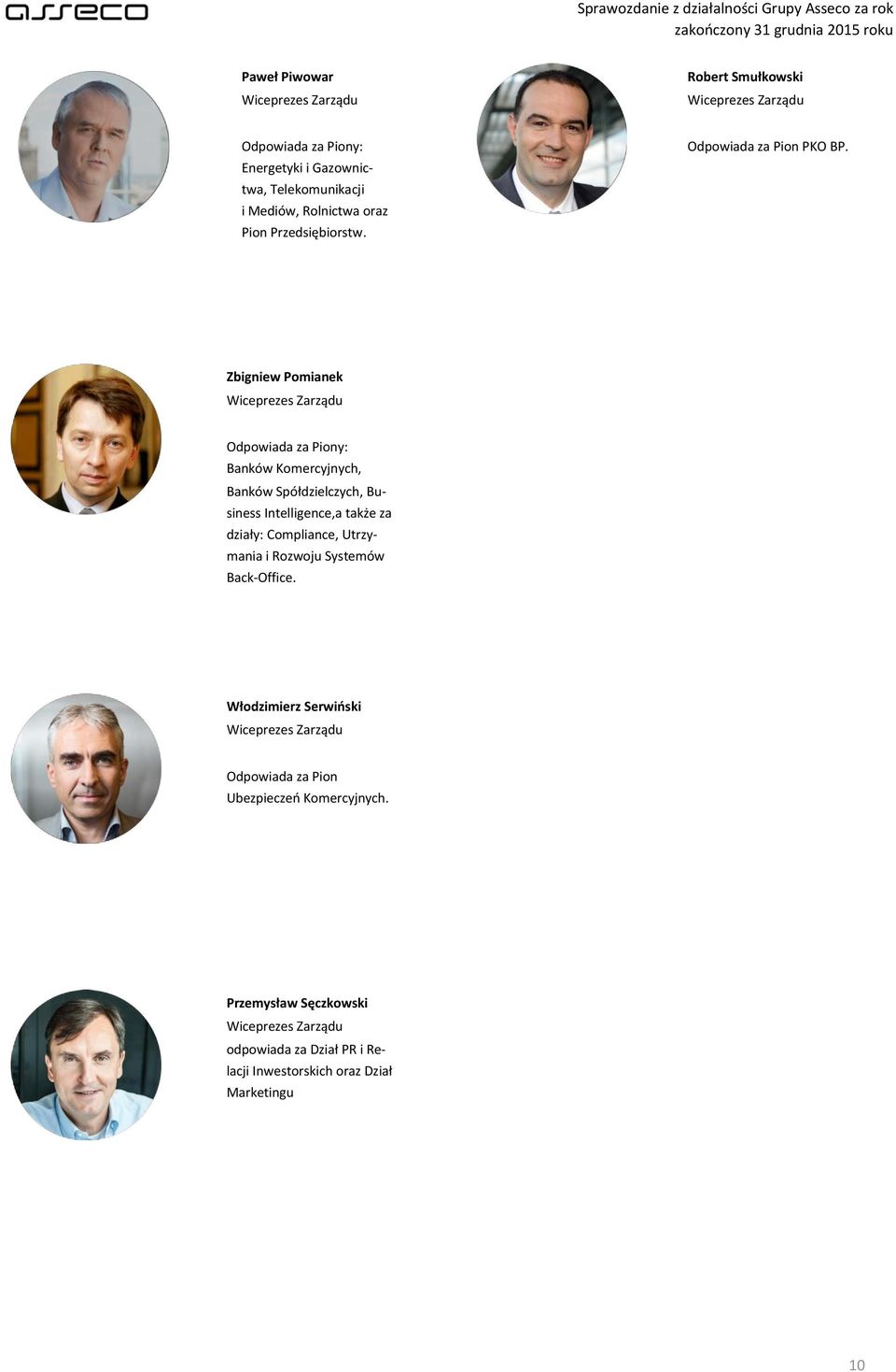 Zbigniew Pomianek Odpowiada za Piony: Banków Komercyjnych, Banków Spółdzielczych, Business Intelligence,a także za działy:
