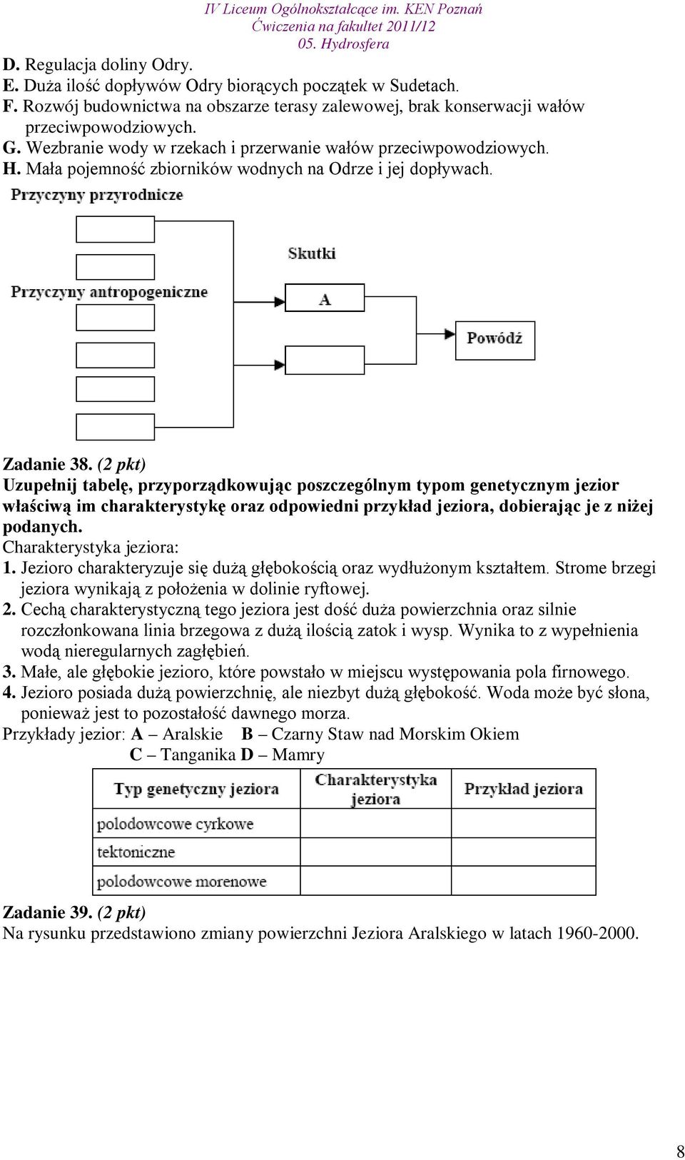 (2 pkt) Uzupełnij tabelę, przyporządkowując poszczególnym typom genetycznym jezior właściwą im charakterystykę oraz odpowiedni przykład jeziora, dobierając je z niżej podanych.