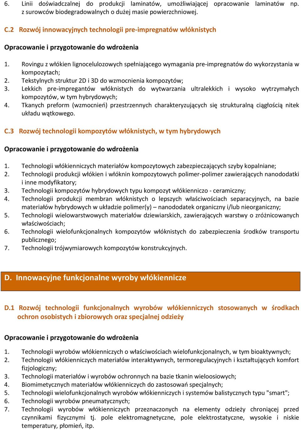 Tekstylnych struktur 2D i 3D do wzmocnienia kompozytów; 3. Lekkich pre-impregantów włóknistych do wytwarzania ultralekkich i wysoko wytrzymałych kompozytów, w tym hybrydowych; 4.