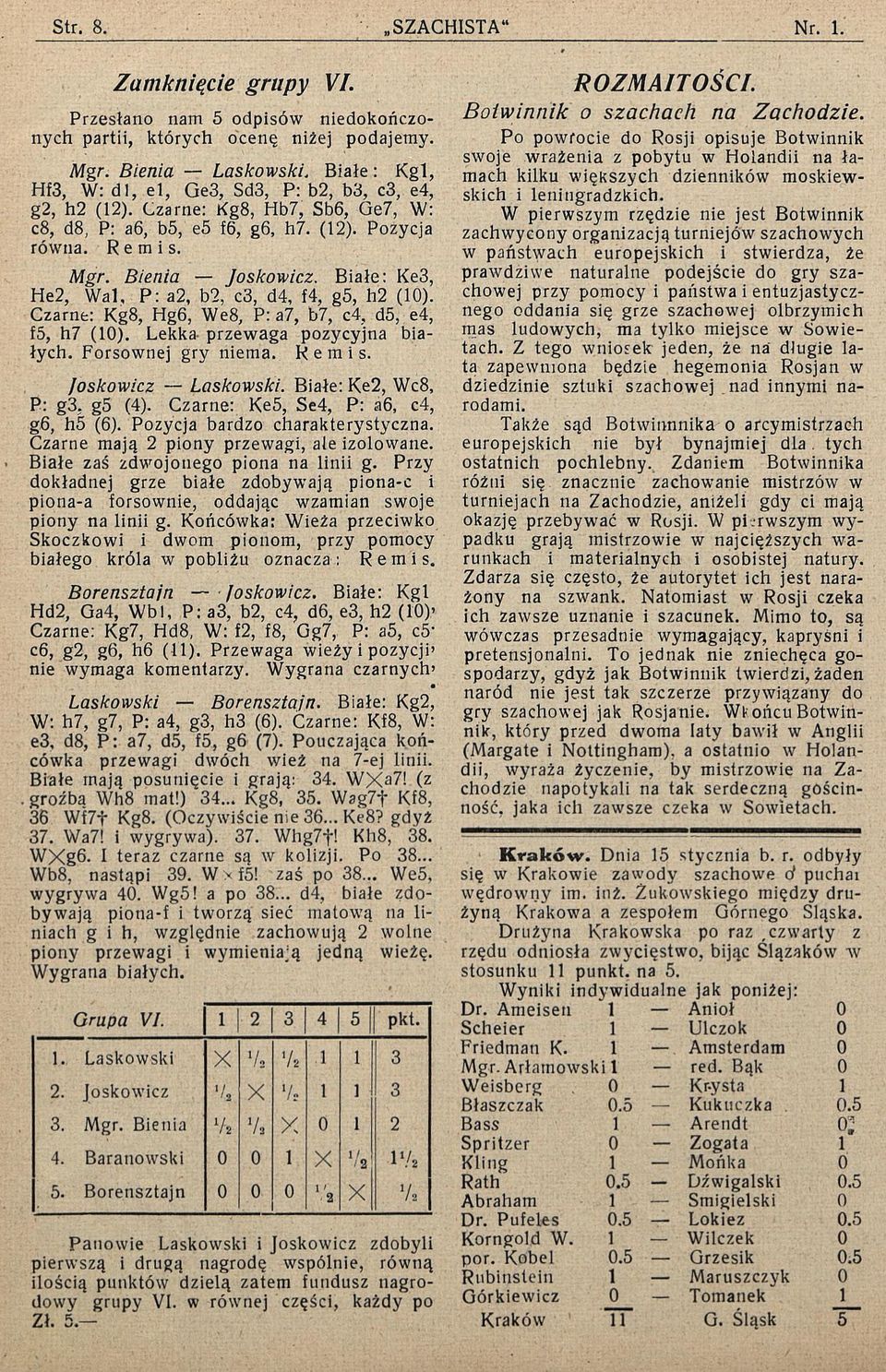 Czarne: Kg8, Hg6, We8, P: a7, b7, c4, d5, e4, f5, h7 (10). Lekka przewaga pozycyjna białych. Forsownej gry niema. Remis. Joskow icz Laskow ski. Białe: Ke2, Wc8, P: g3, g5 (4).