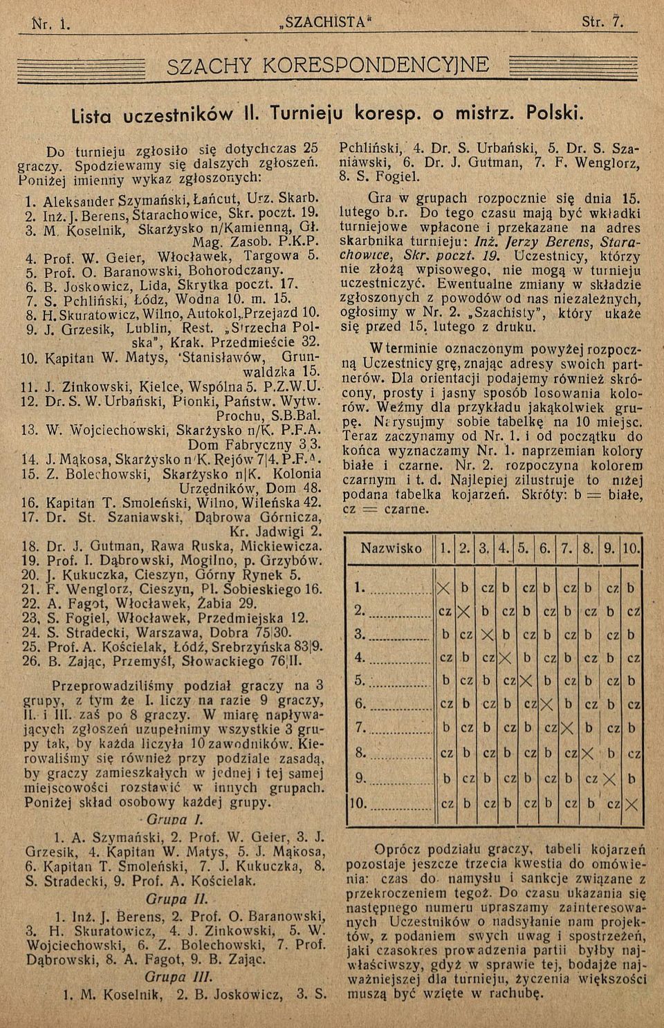 Baranowski, Bohorodczany. 6. B. Joskowicz, Lida, Skrytka poczt. 17. 7. S. Pchliński, Łódz, Wodna 10. m. 15. 8. H. Skuratowicz, Wilno, Autokol,.Przejazd 10. 9. J. Grzesik, Lublin, Rest.