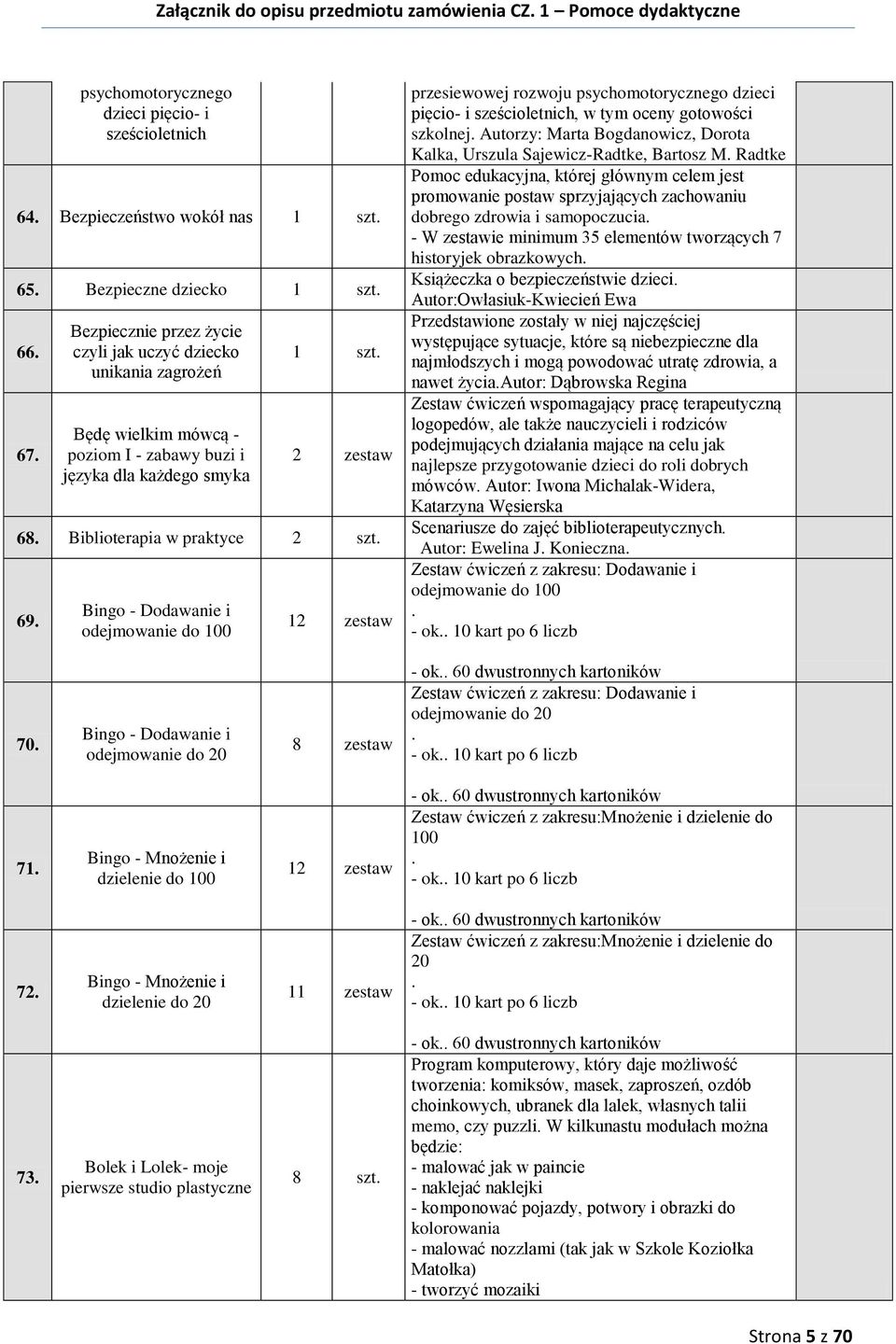 Bingo - Dodawanie i odejmowanie do 100 12 zestaw przesiewowej rozwoju psychomotorycznego dzieci pięcio- i sześcioletnich, w tym oceny gotowości szkolnej.