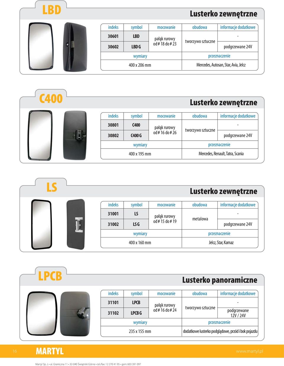 mm Jelcz, Star, Kamaz LPCB 31101 LPCB od 16 do 24 31102 LPCB G 235 x 155 mm dodatkowe lusterko podgl¹dowe,