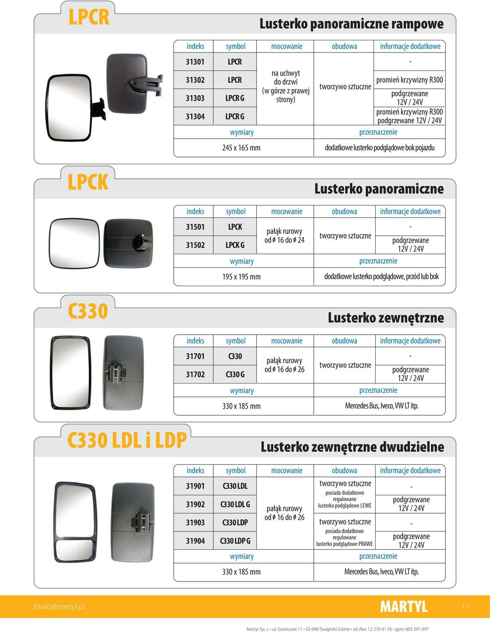 C330 LDL i LDP dwudzielne 31901 31902 31903 31904 C330 LDL C330 LDL G C330 LDP C330 LDP G od 16 do 26 posiada dodatkowo regulowane lusterko podgl¹dowe LEWE posiada dodatkowo