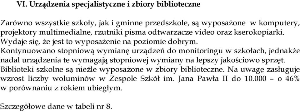Kontynuowano stopniową wymianę urządzeń do monitoringu w szkołach, jednakże nadal urządzenia te wymagają stopniowej wymiany na lepszy jakościowo sprzęt.