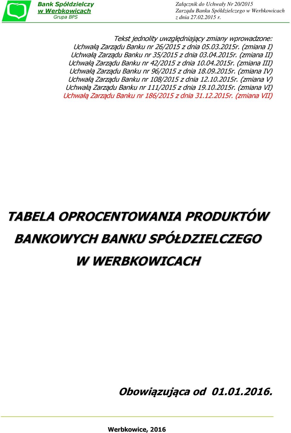 04.2015r. (zmiana III) Uchwałą Zarządu Banku nr 96/2015 z dnia 18.09.2015r. (zmiana IV) Uchwałą Zarządu Banku nr 108/2015 z dnia 12.10.2015r. (zmiana V) Uchwałą Zarządu Banku nr 111/2015 z dnia 19.