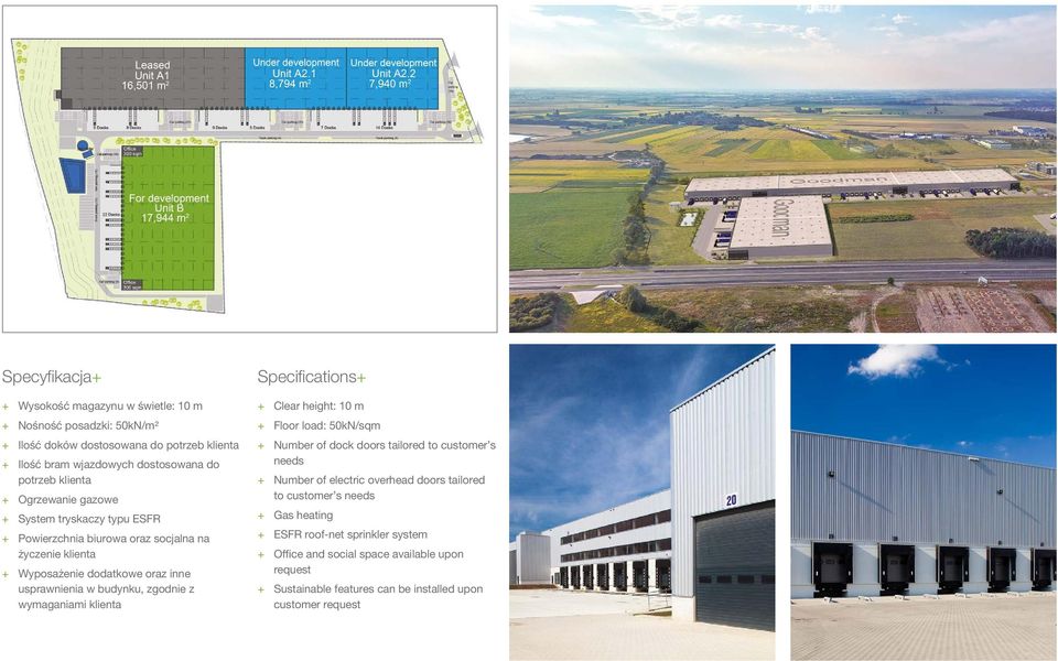 zgodnie z wymaganiami klienta Specifications Clear height: 10 m Floor load: 50kN/sqm Number of dock doors tailored to customer s needs Number of electric overhead