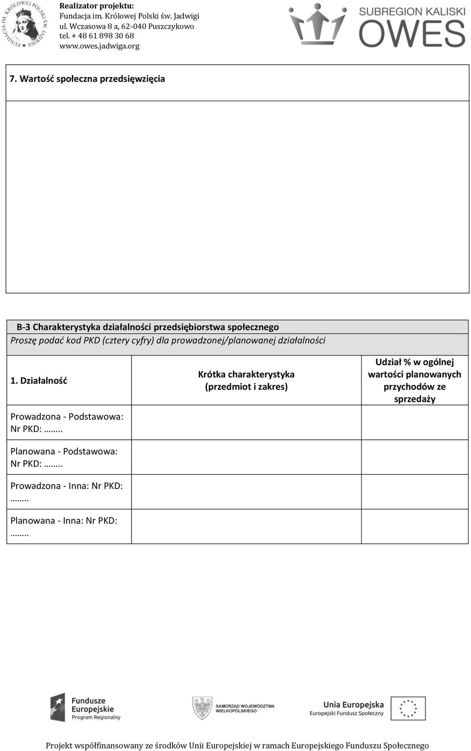 Działalność Prowadzona - Podstawowa: Nr PKD:.. Planowana - Podstawowa: Nr PKD:.