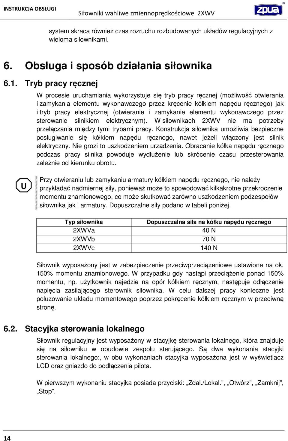 elektrycznej (otwieranie i zamykanie elementu wykonawczego przez sterowanie silnikiem elektrycznym). W siłownikach 2XWV nie ma potrzeby przełączania między tymi trybami pracy.