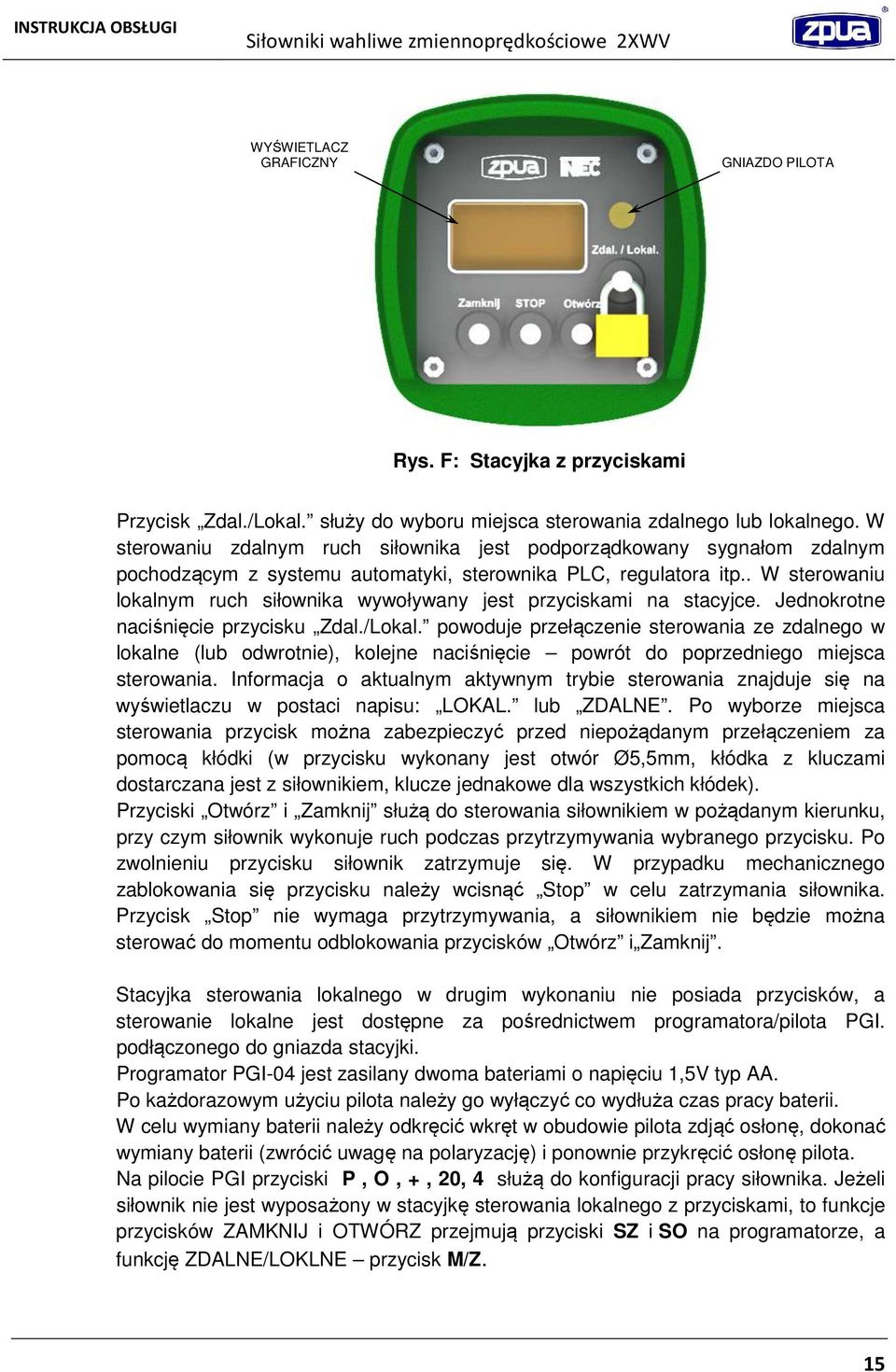 . W sterowaniu lokalnym ruch siłownika wywoływany jest przyciskami na stacyjce. Jednokrotne naciśnięcie przycisku Zdal./Lokal.