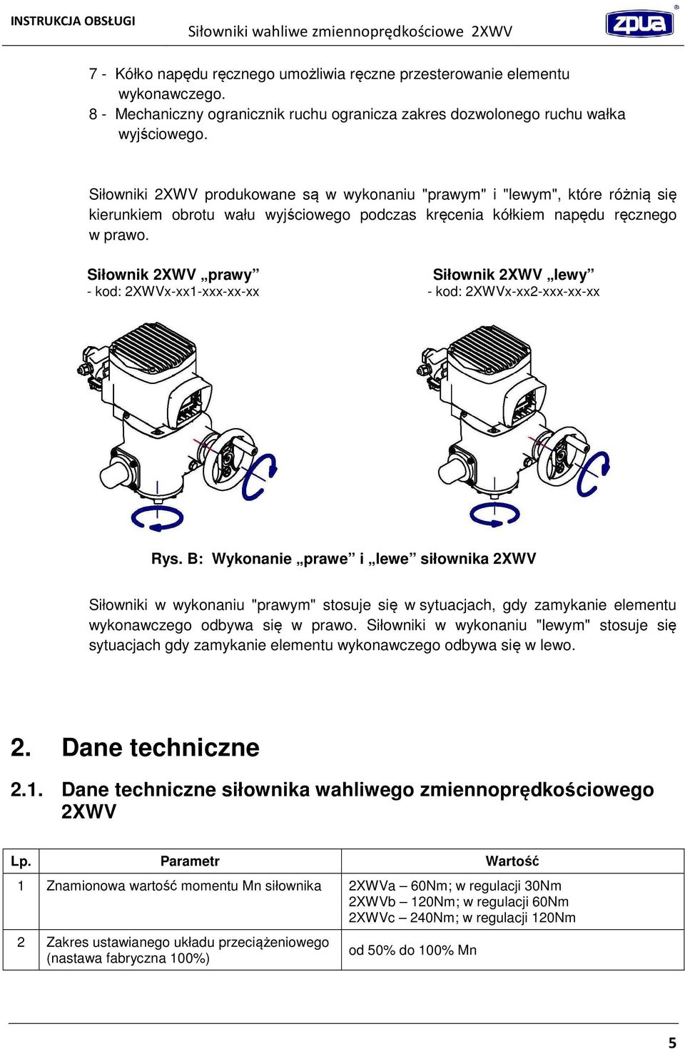 Siłownik 2XWV prawy - kod: 2XWVx-xx1-xxx-xx-xx Siłownik 2XWV lewy - kod: 2XWVx-xx2-xxx-xx-xx Rys.