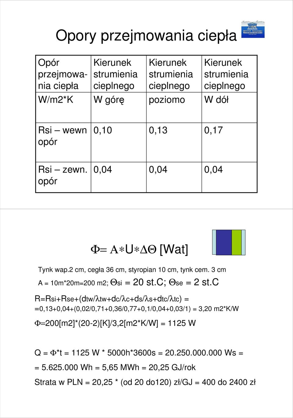 3 cm A = 10m*20m=200 m2; Θsi = 20 st.c; Θse = 2 st.