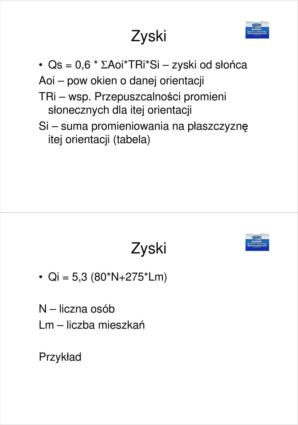 Przepuszcalności promieni słonecznych dla itej orientacji Si suma