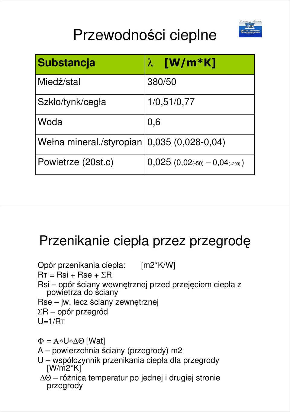 RT = Rsi + Rse + ΣR Rsi opór ściany wewnętrznej przed przejęciem ciepła z powietrza do ściany Rse jw.