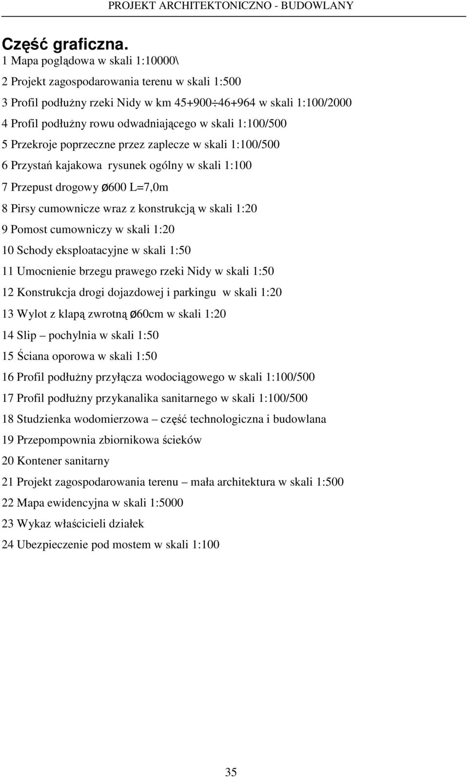 1:100/500 5 Przekroje poprzeczne przez zaplecze w skali 1:100/500 6 Przystań kajakowa rysunek ogólny w skali 1:100 7 Przepust drogowy ø600 L=7,0m 8 Pirsy cumownicze wraz z konstrukcją w skali 1:20 9