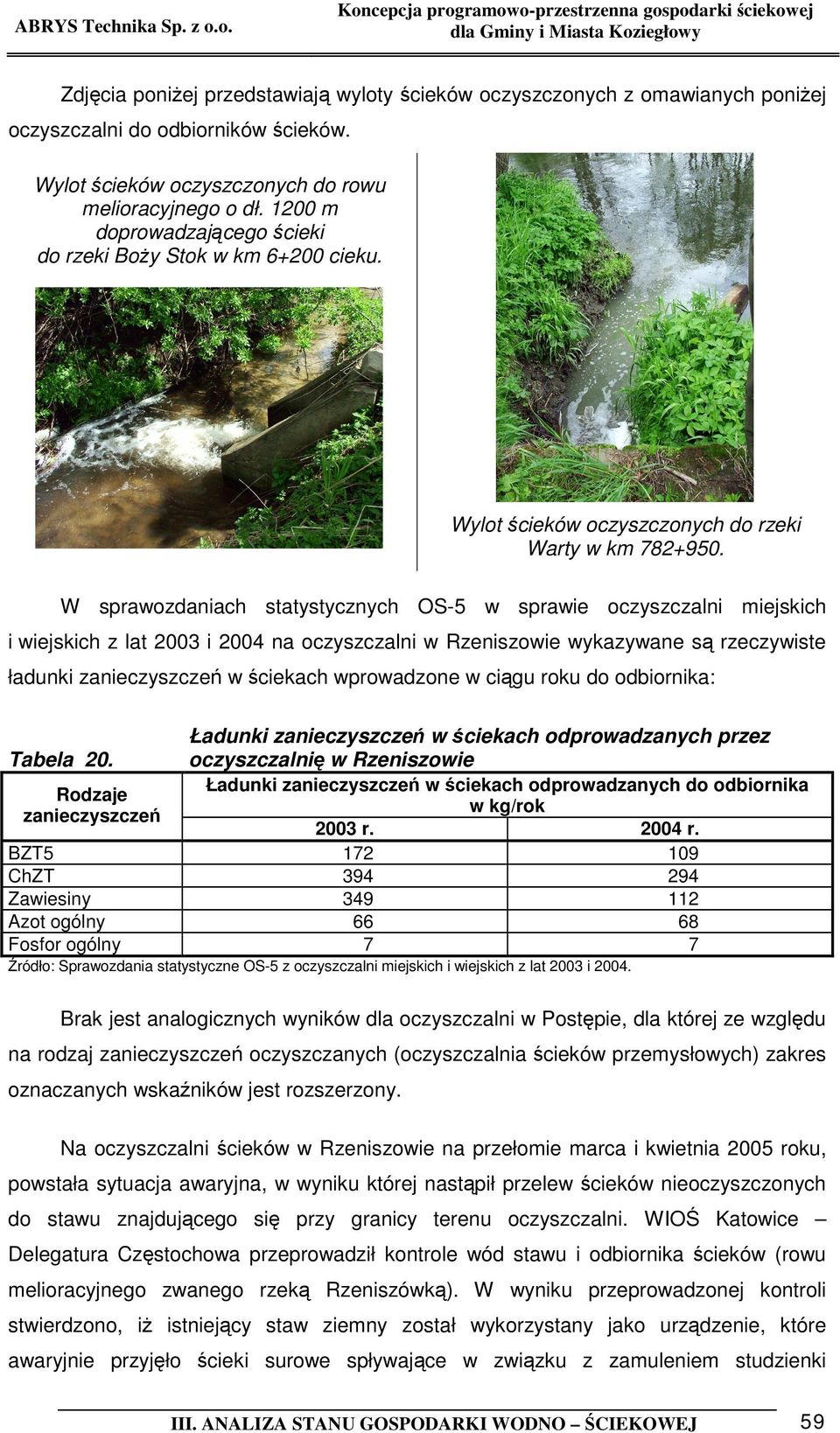 W sprawozdaniach statystycznych OS-5 w sprawie oczyszczalni miejskich i wiejskich z lat 2003 i 2004 na oczyszczalni w Rzeniszowie wykazywane są rzeczywiste ładunki zanieczyszczeń w ściekach