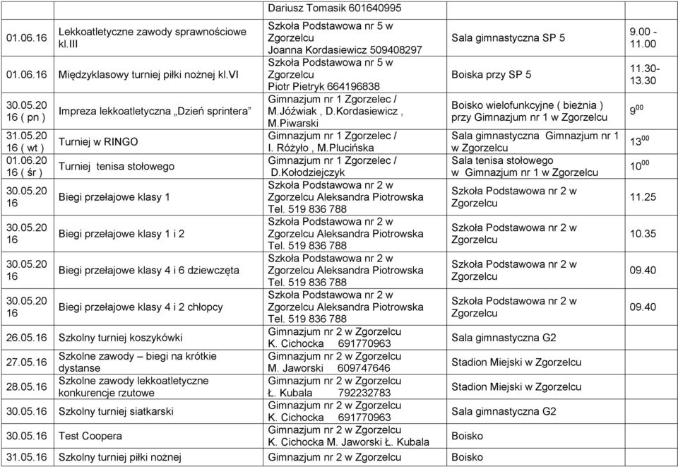 20 ( wt ) 20 ( śr ) Impreza lekkoatletyczna Dzień sprintera Turniej w RINGO Turniej tenisa stołowego Biegi przełajowe klasy 1 Biegi przełajowe klasy 1 i 2 Biegi przełajowe klasy 4 i 6 dziewczęta