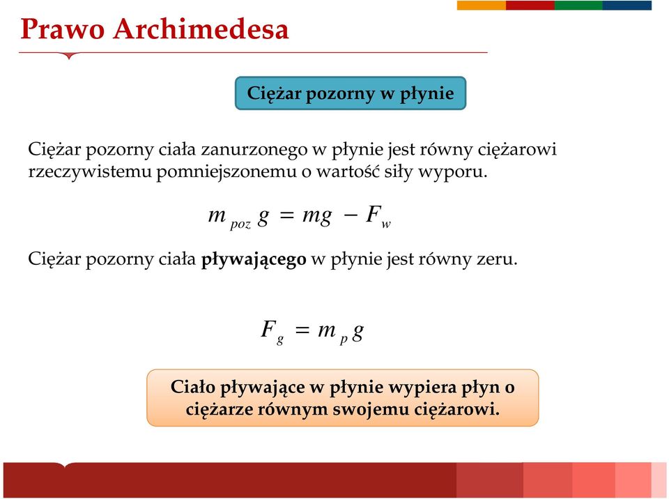 m g = mg poz F w Ciężar pozorny ciała pływającego w płynie jest równy zeru.