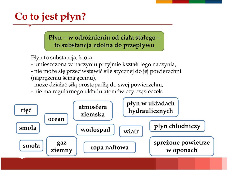 przyjmie kształt tego naczynia, - nie może się przeciwstawić sile stycznej do jej powierzchni (naprężeniu ścinającemu), - może