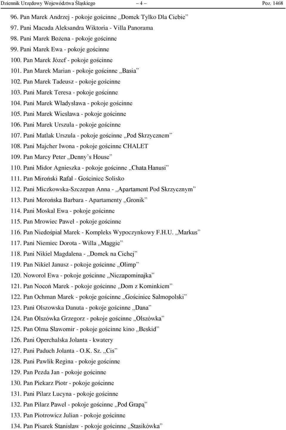 Pan Marek Tadeusz - pokoje gościnne 103. Pani Marek Teresa - pokoje gościnne 104. Pani Marek Władysława - pokoje gościnne 105. Pani Marek Wiesława - pokoje gościnne 106.