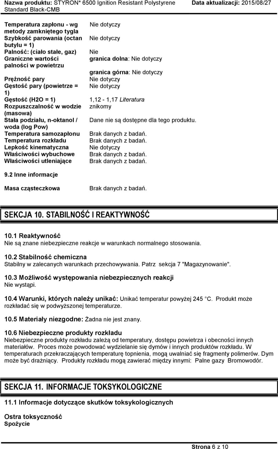utleniające Nie granica dolna: granica górna: 1,12-1,17 Literatura znikomy Dane nie są dostępne dla tego produktu. 9.2 Inne informacje Masa cząsteczkowa SEKCJA 10. STABILNOŚĆ I REAKTYWNOŚĆ 10.