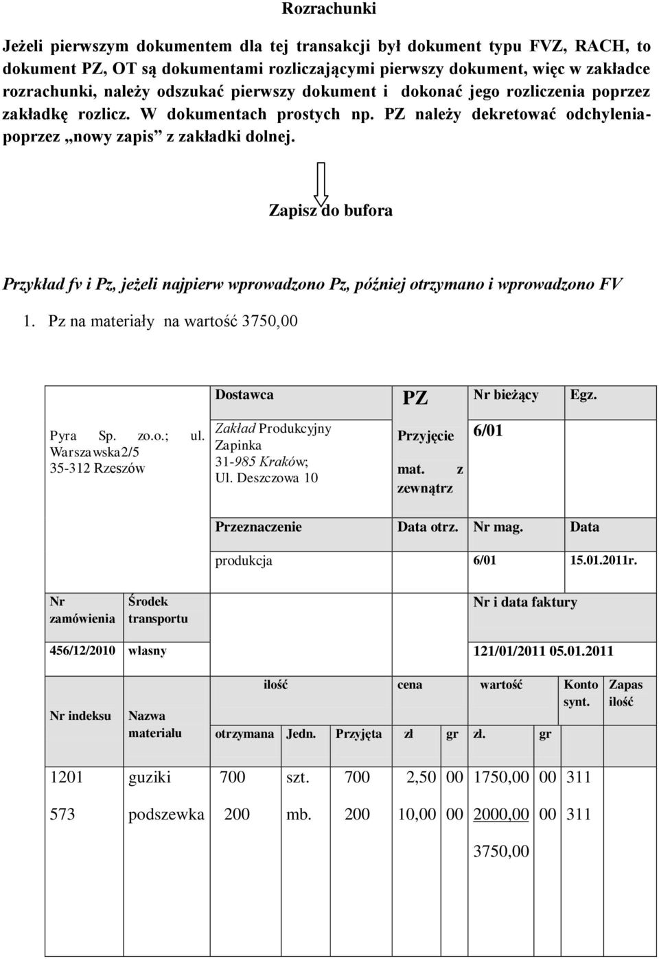 Zapisz do bufora Przykład fv i Pz, jeżeli najpierw wprowadzono Pz, później otrzymano i wprowadzono FV 1. Pz na materiały na wartość 3750, Dostawca PZ Nr bieżący Egz. Pyra Sp. zo.o.; ul.