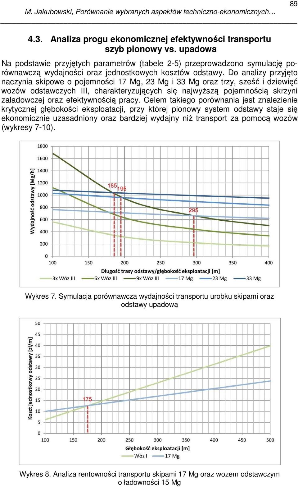 Do analizy przyjęto naczynia skipowe o pojemności 17 Mg, 23 Mg i 33 Mg oraz trzy, sześć i dziewięć wozów odstawczych III, charakteryzujących się najwyższą pojemnością skrzyni załadowczej oraz