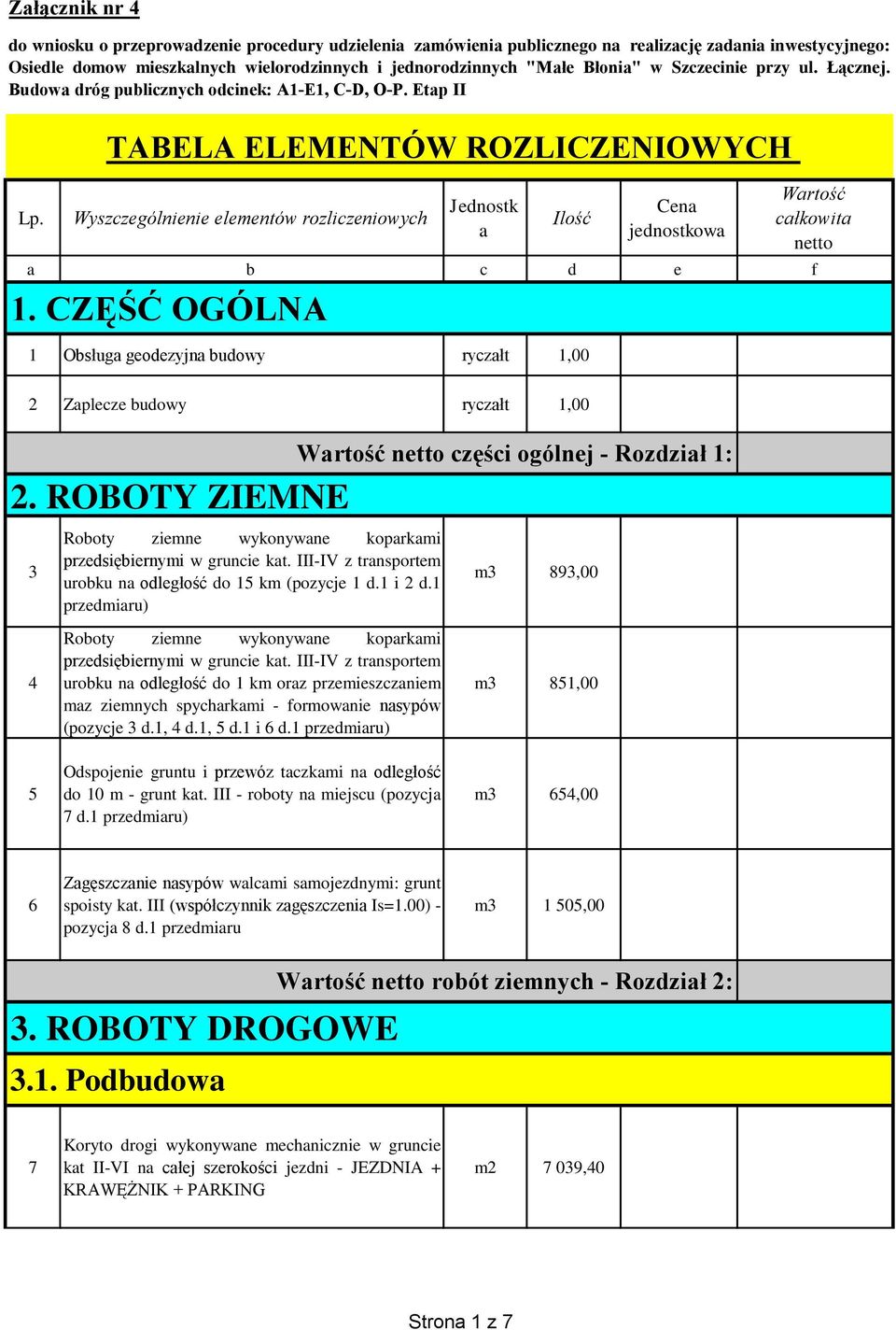 ROBOTY ZIEMNE 3 4 Roboty ziemne wykonywne koprkmi przedsiębiernymi w gruncie kt. III-IV z trnsportem urobku n odległość do 15 km (pozycje 1 d.1 i 2 d.