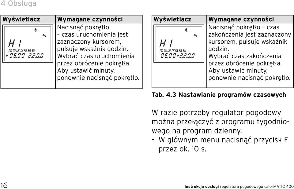 Wyświetlacz Wymagane czynności Nacisnąć pokrętło czas zakończenia jest zaznaczony kursorem, pulsuje wskaźnik godzin. Wybrać czas zakończenia przez obrócenie pokrętła.