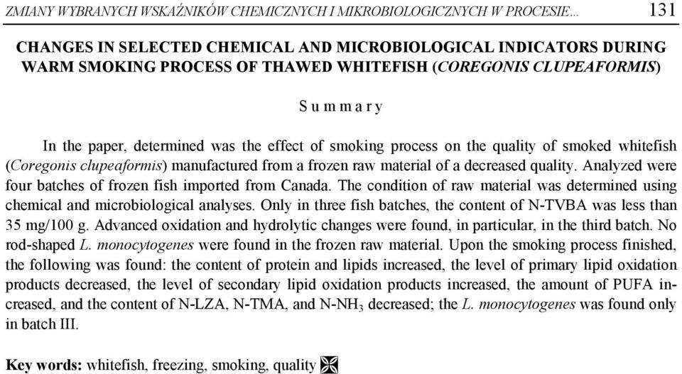 Analyzed were four batches of fish imported from Canada. The condition of raw material was determined using chemical and microbiological analyses.