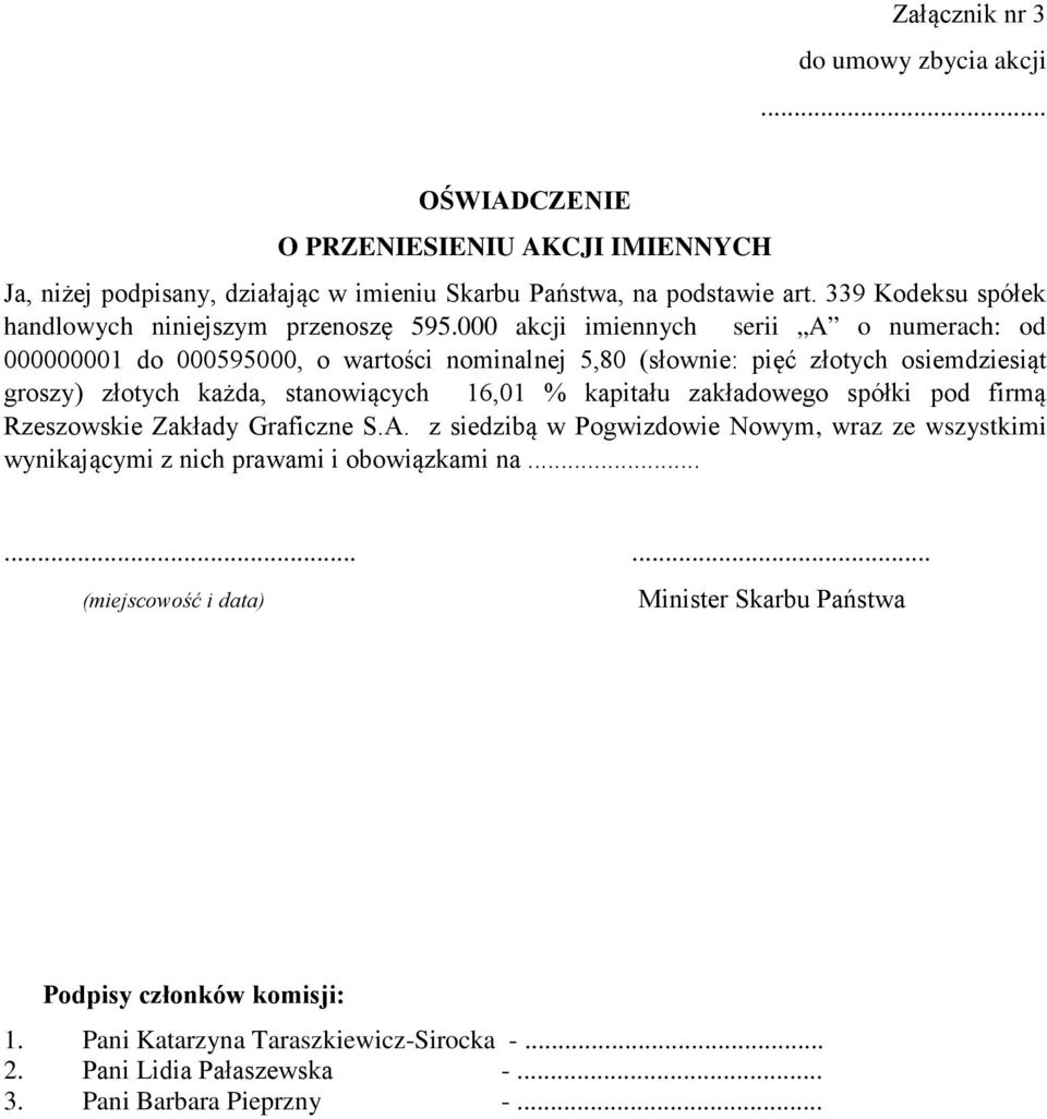 000 akcji imiennych serii A o numerach: od 000000001 do 000595000, o wartości nominalnej 5,80 (słownie: pięć złotych osiemdziesiąt groszy) złotych każda, stanowiących 16,01 % kapitału