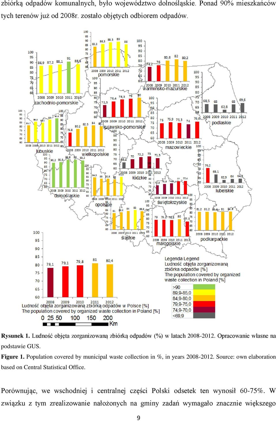 Population covered by municipal waste collection in %, in years 2008-2012. Source: own elaboration based on Central Statistical Office.