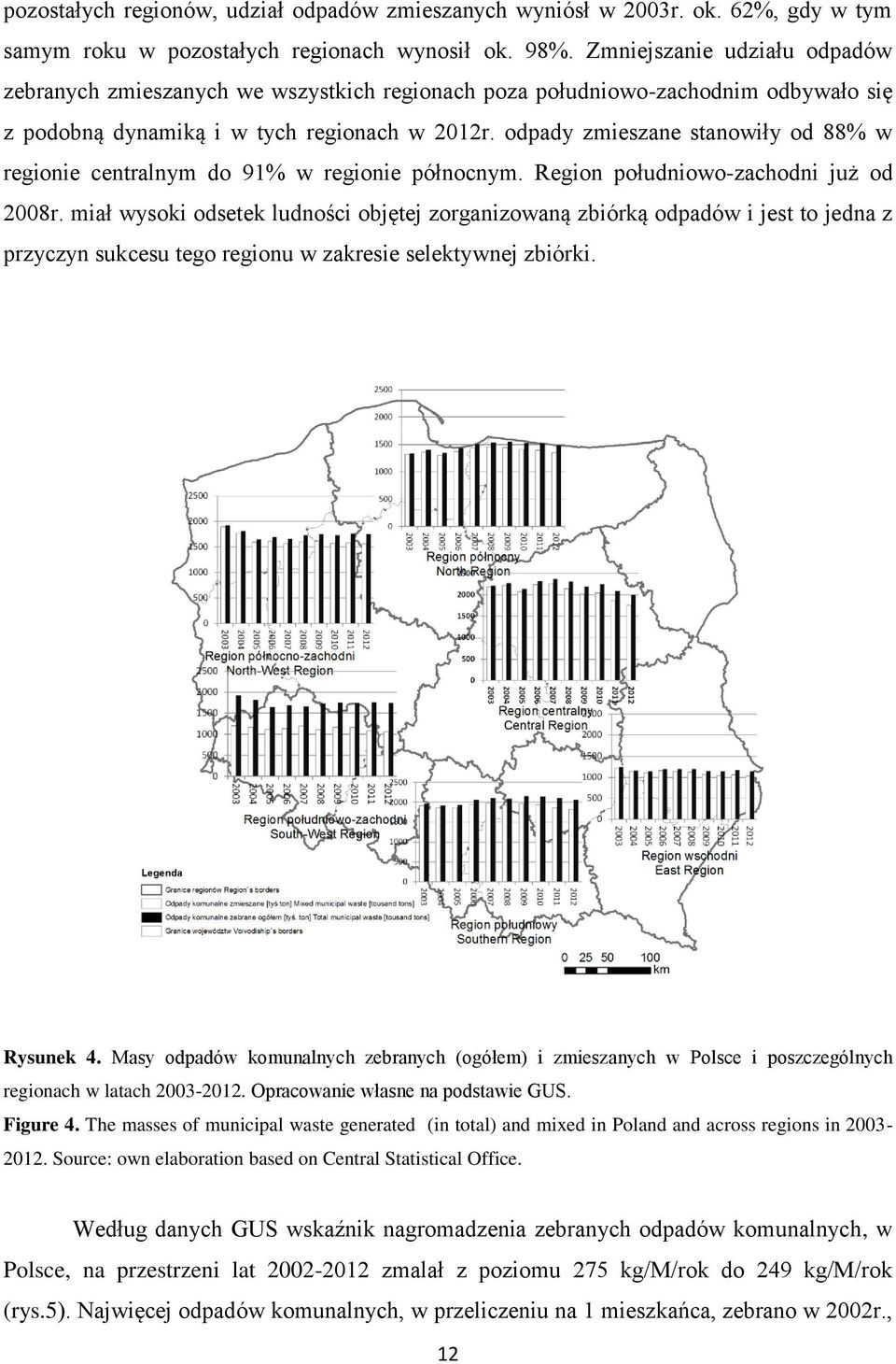 odpady zmieszane stanowiły od 88% w regionie centralnym do 91% w regionie północnym. Region południowo-zachodni już od 2008r.