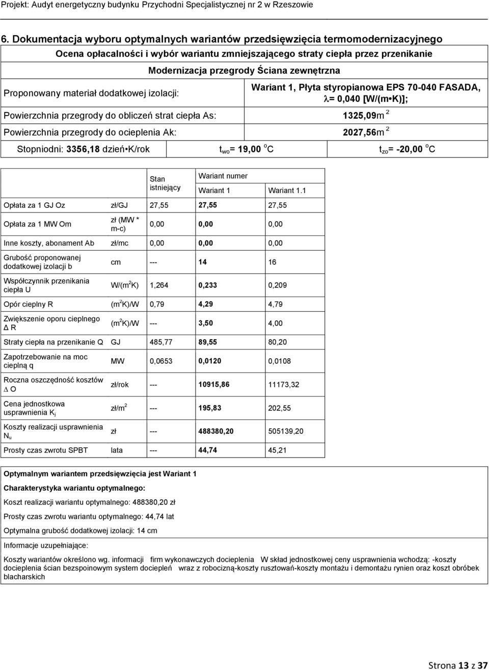 przegrody do ocieplenia Ak: 2027,56m 2 Stopniodni: 3356,18 dzień K/rok t wo = 19,00 o C t zo = -20,00 o C Stan istniejący Wariant numer Wariant 1 Wariant 1.