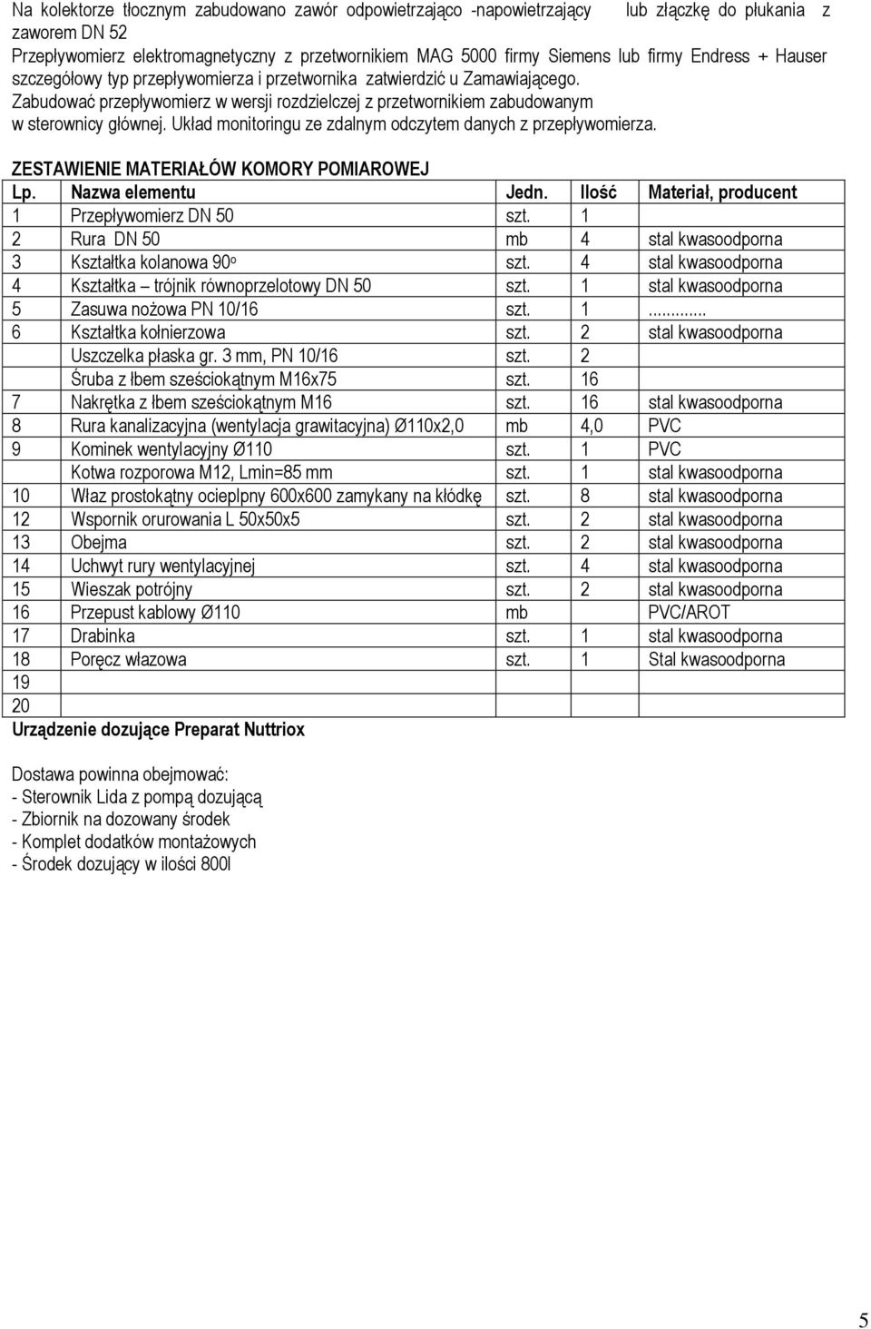 Układ monitoringu ze zdalnym odczytem danych z przepływomierza. ZESTAWIENIE MATERIAŁÓW KOMORY POMIAROWEJ Lp. Nazwa elementu Jedn. Ilość Materiał, producent 1 Przepływomierz DN 50 szt.