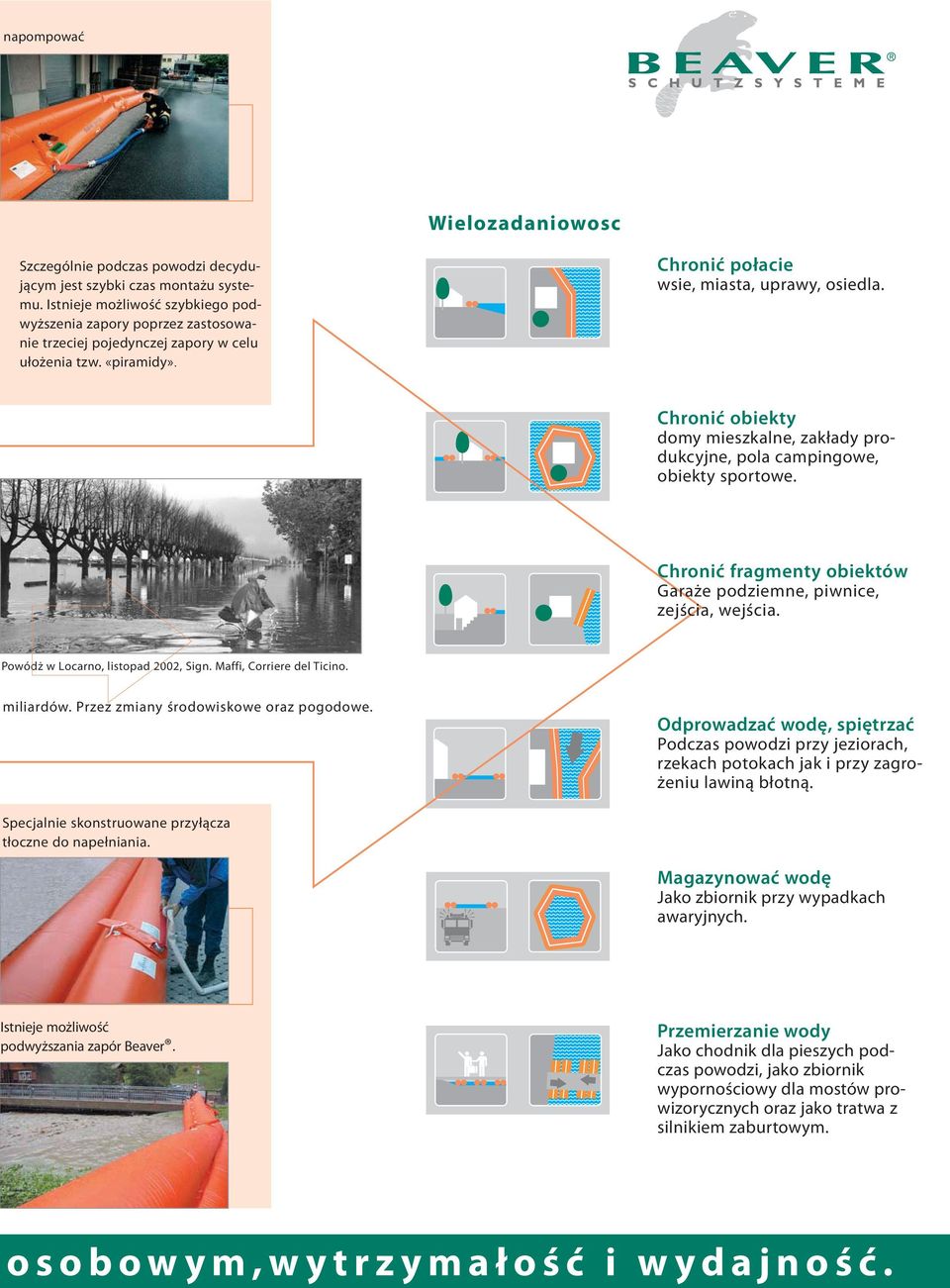 Chronić obiekty domy mieszkalne, zakłady produkcyjne, pola campingowe, obiekty sportowe. Chronić fragmenty obiektów Garaże podziemne, piwnice, zejścia, wejścia. Powódż w Locarno, listopad 2002, Sign.