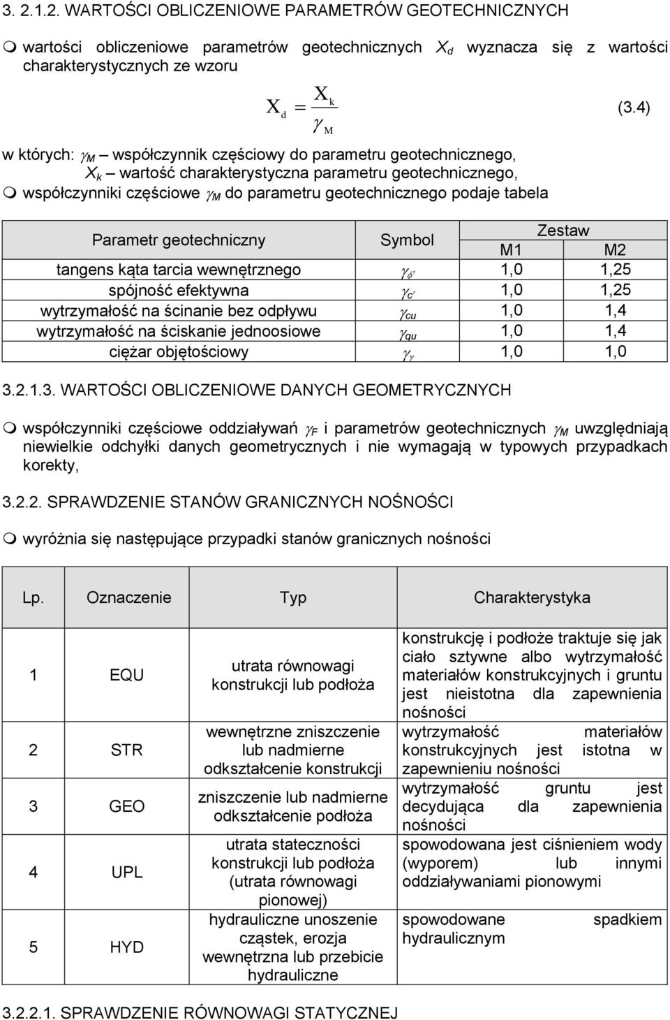 Parametr geotechniczny Symbol Zestaw M M2 tangens kąta tarcia wewnętrznego,0,25 spójność efektywna c,0,25 wytrzymałość na ścinanie bez opływu cu,0,4 wytrzymałość na ściskanie jenoosiowe qu,0,4 ciężar