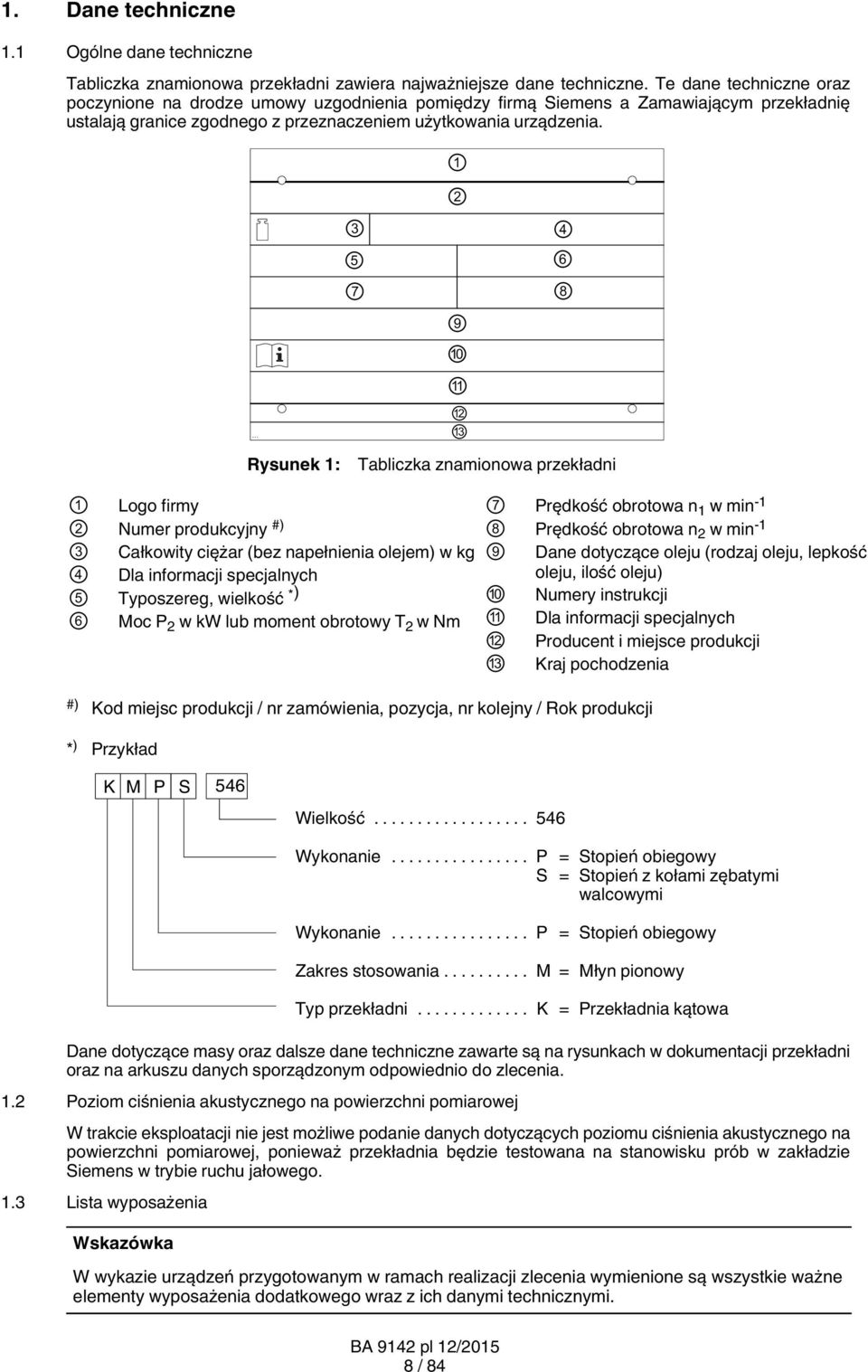 Rysunek 1: 3 5 7 1 2 9 10 11 12 13 4 6 8 Tabliczka znamionowa przekładni 1 Logo firmy 2 Numer produkcyjny #) 3 Całkowity ciężar (bez napełnienia olejem) w kg Dla informacji specjalnych 4 5