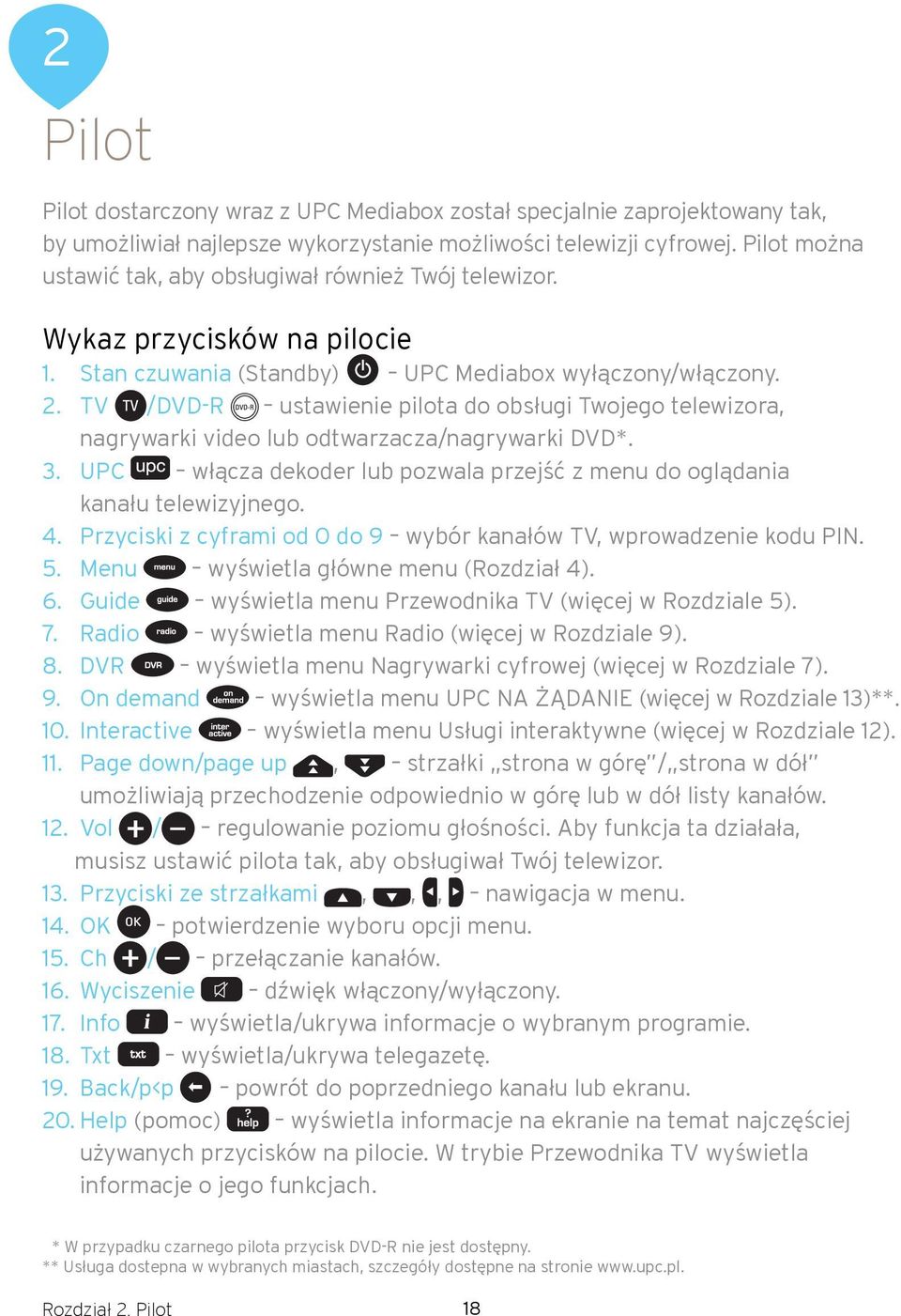 TV /DVD-R ustawienie pilota do obsługi Twojego telewizora, nagrywarki video lub odtwarzacza/nagrywarki DVD*. 3. UPC włącza dekoder lub pozwala przejść z menu do oglądania kanału telewizyjnego. 4.
