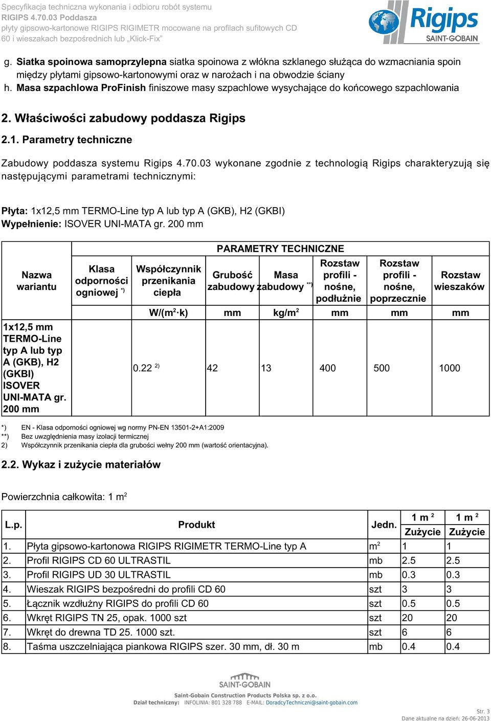 03 wykonane zgodnie z technologią Rigips charakteryzują się następującymi parametrami technicznymi: Płyta: 1x12,5 mm TERMO-Line typ A lub typ A (GKB), H2 (GKBI) Wypełnienie: ISOVER UNI-MATA gr.