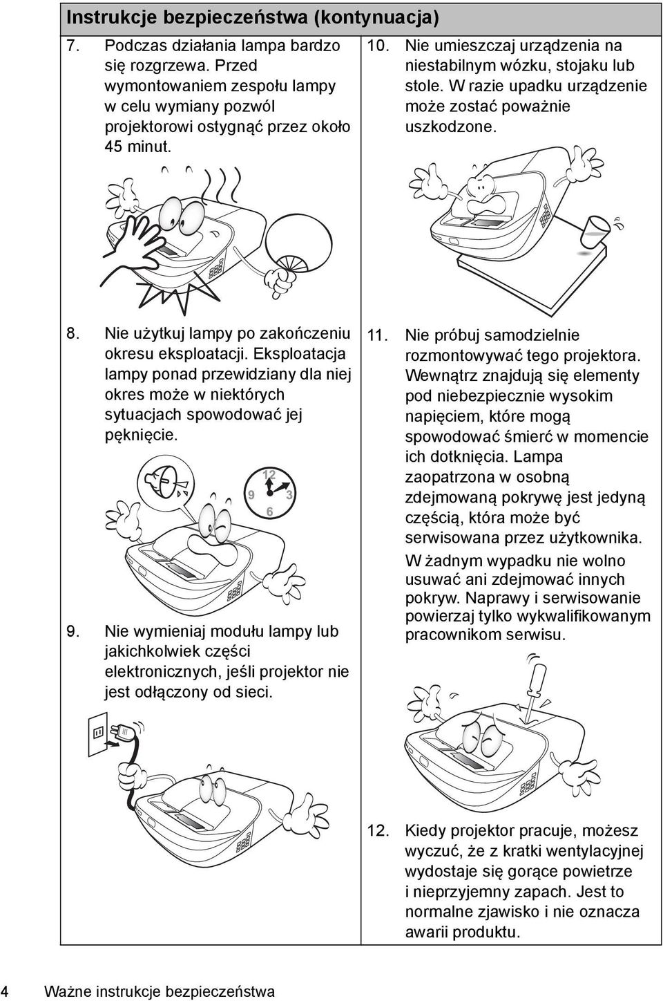 Eksploatacja lampy ponad przewidziany dla niej okres może w niektórych sytuacjach spowodować jej pęknięcie. 9.