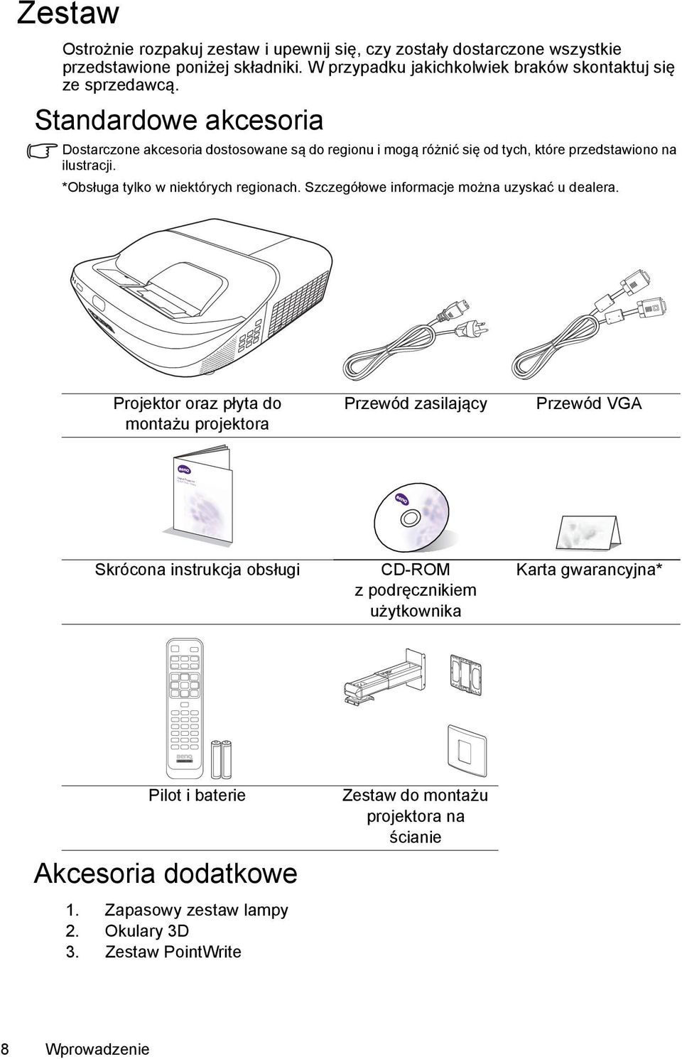 Standardowe akcesoria Dostarczone akcesoria dostosowane są do regionu i mogą różnić się od tych, które przedstawiono na ilustracji. *Obsługa tylko w niektórych regionach.