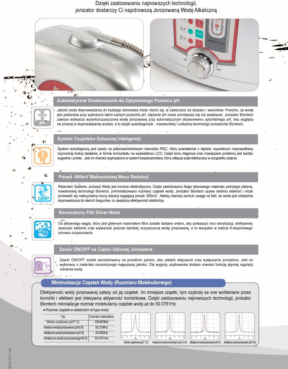 Jonizator Biontech zawsze wytwarza wysokooczyszczoną wodę jonizowaną przy automatycznym dopasowaniu optymalnego ph, bez względu na zmianę w doprowadzanej wodzie, a to dzięki autodiagnozie