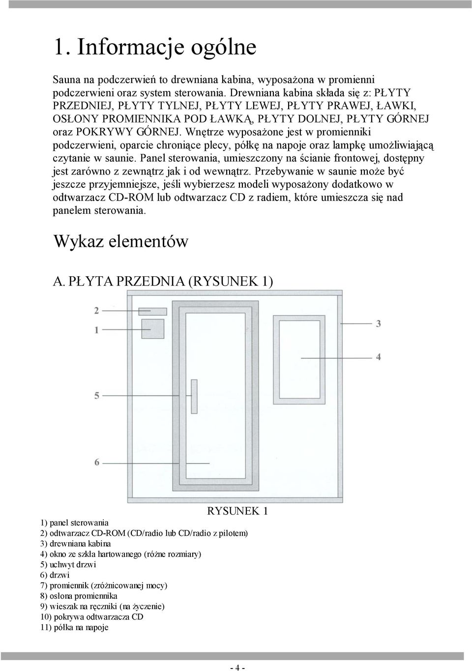 Wnętrze wyposażone jest w promienniki podczerwieni, oparcie chroniące plecy, półkę na napoje oraz lampkę umożliwiającą czytanie w saunie.