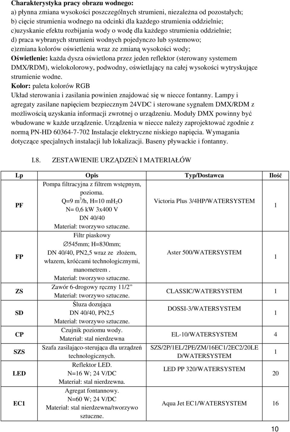 Oświetlenie: każda dysza oświetlona przez jeden reflektor (sterowany systemem DMX/RDM), wielokolorowy, podwodny, oświetlający na całej wysokości wytryskujące strumienie wodne.