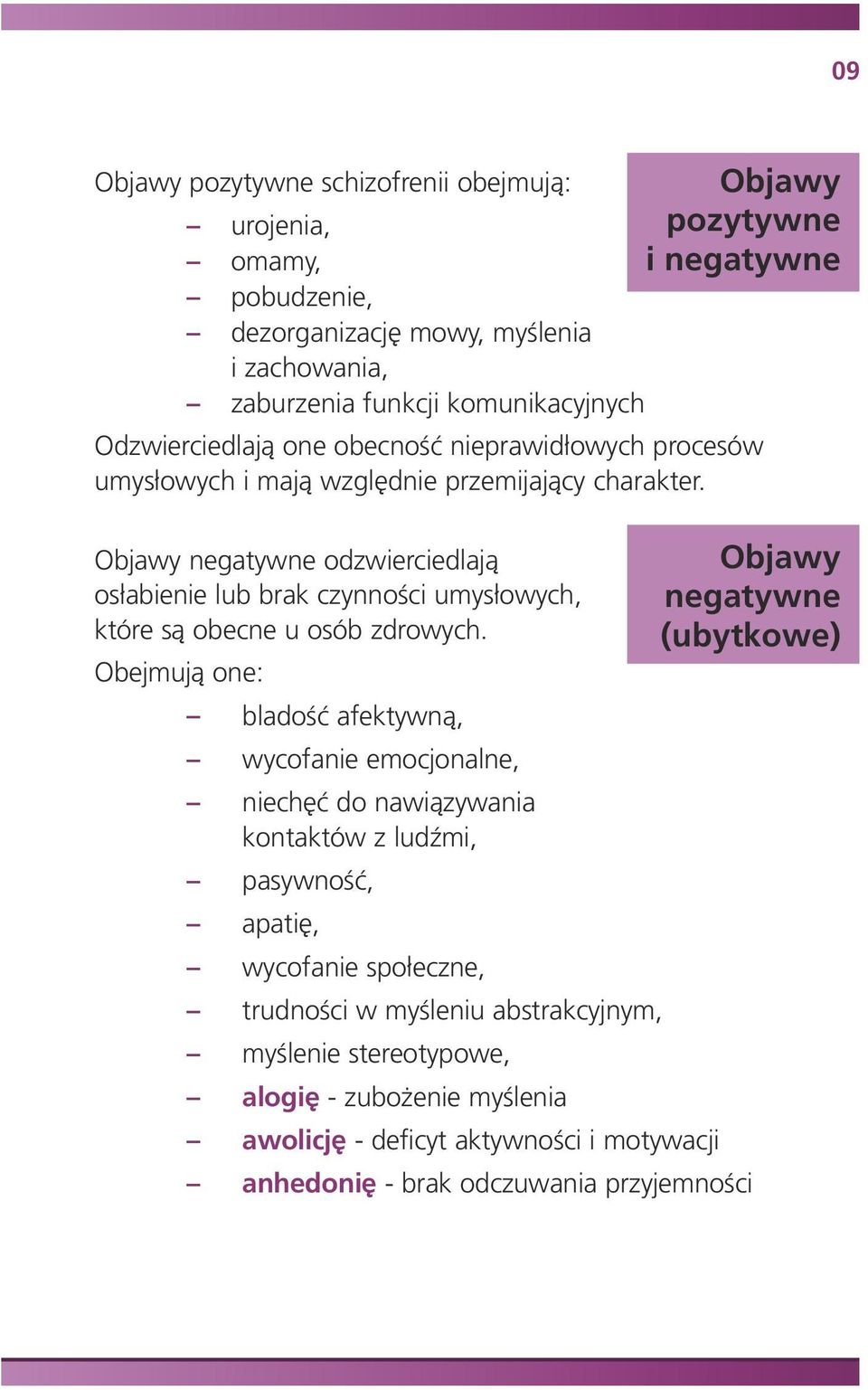 nawiązywania kontaktów z ludźmi, pasywność, apatię, wycofanie społeczne, trudności w myśleniu abstrakcyjnym, myślenie stereotypowe, alogię - zubożenie myślenia awolicję - deficyt