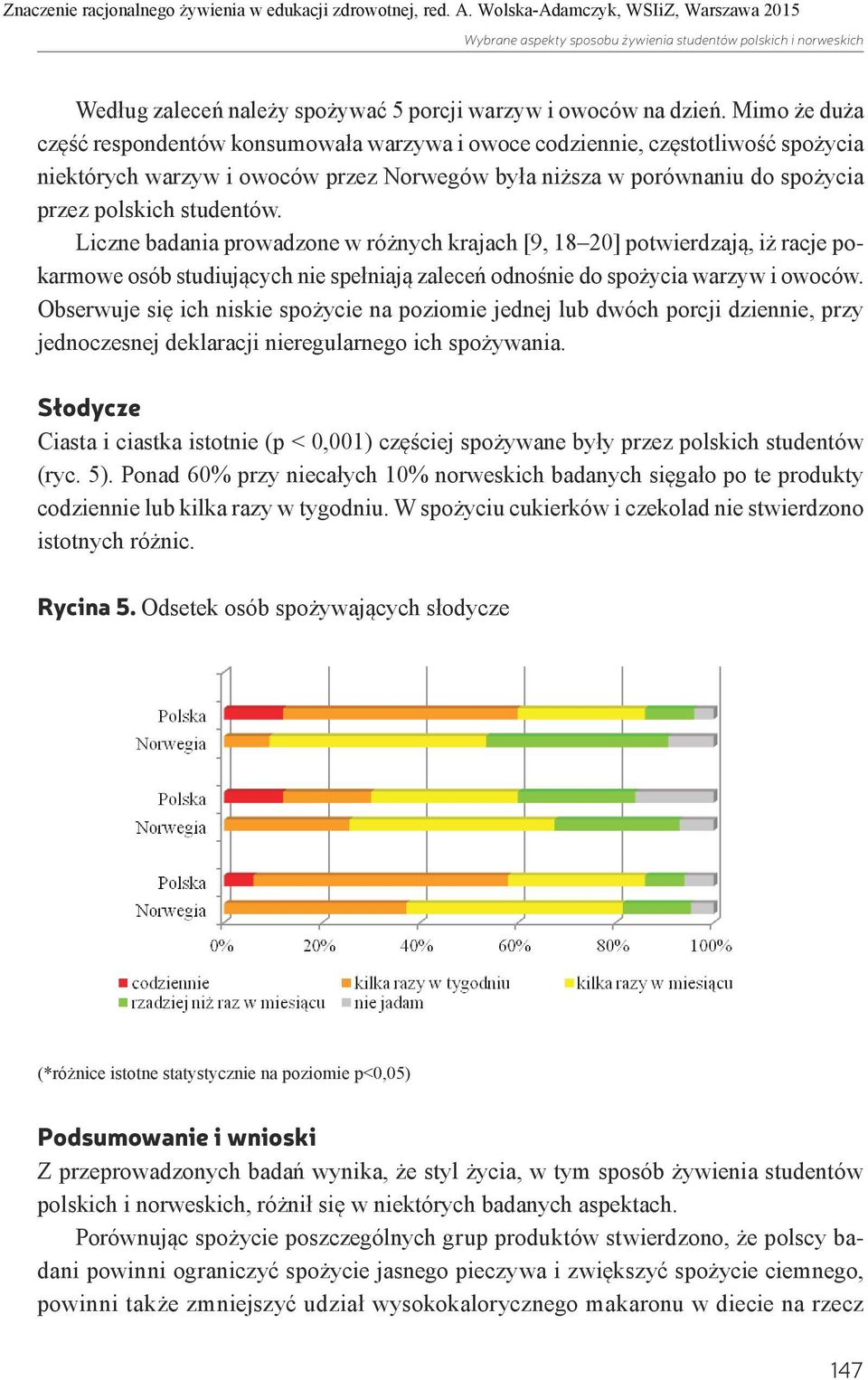 Mimo że duża część respondentów konsumowała warzywa i owoce codziennie, częstotliwość spożycia niektórych warzyw i owoców przez Norwegów była niższa w porównaniu do spożycia przez polskich studentów.