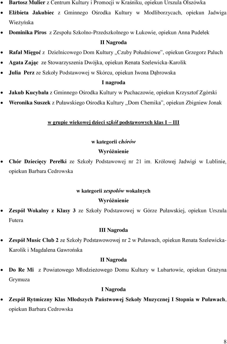 Szelewicka-Karolik Julia Perz ze Szkoły Podstawowej w Skórcu, opiekun Iwona Dąbrowska I nagroda Jakub Kucybała z Gminnego Ośrodka Kultury w Puchaczowie, opiekun Krzysztof Zgórski Weronika Suszek z
